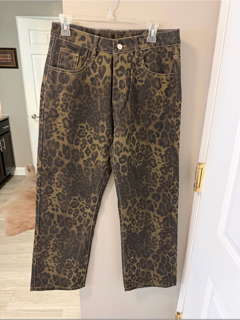 Leopard denim boot cut jean pants, western NWT XL 32